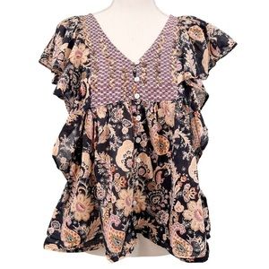 Rachel Zoe Floral Printed Ruffle Top Button Down w Sequin Accents Cotton Sz S